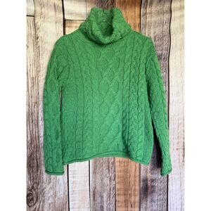 Aran Sweater Cable Knit Turtleneck Irish Wool Cropped Green Fisherman Size Small